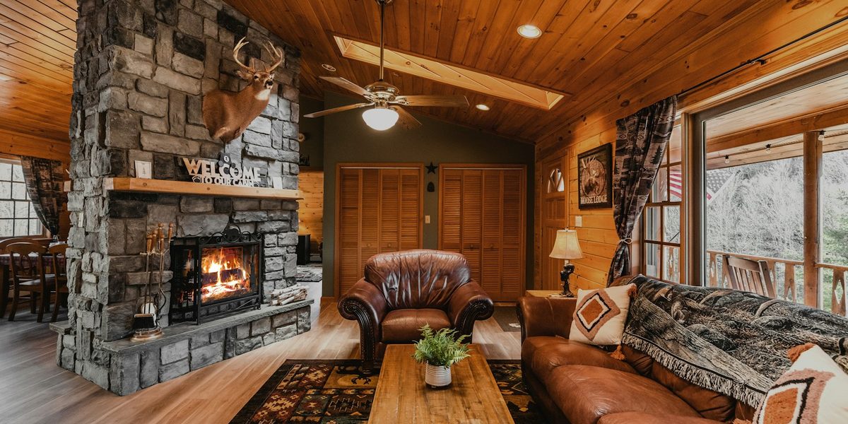 Cabin living room with a fireplace